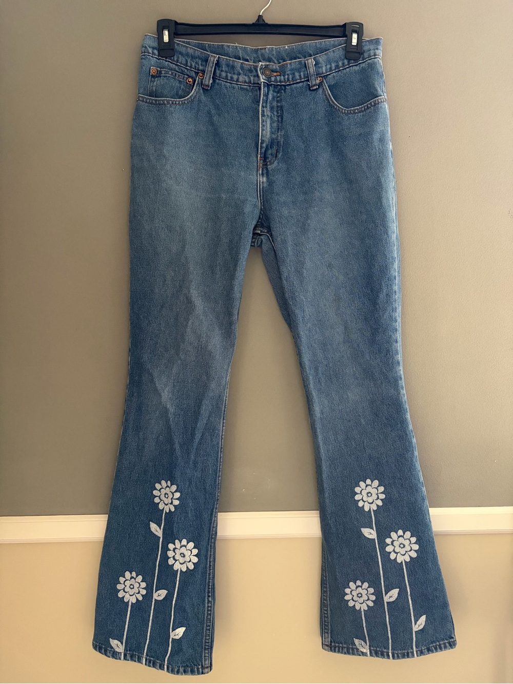 Jordache Jeans 90s Blue Denim High Rise Flare Wide Leg Painted Floral Y2K VTG